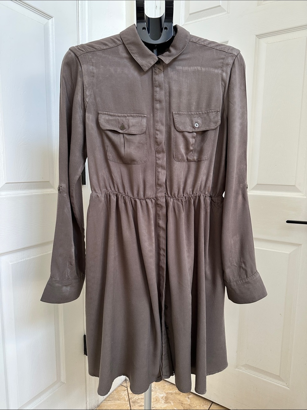 Maeve By Anthropologie Women's Taupe Button-Front Roll-Tab Sleeves Shirt Dress
